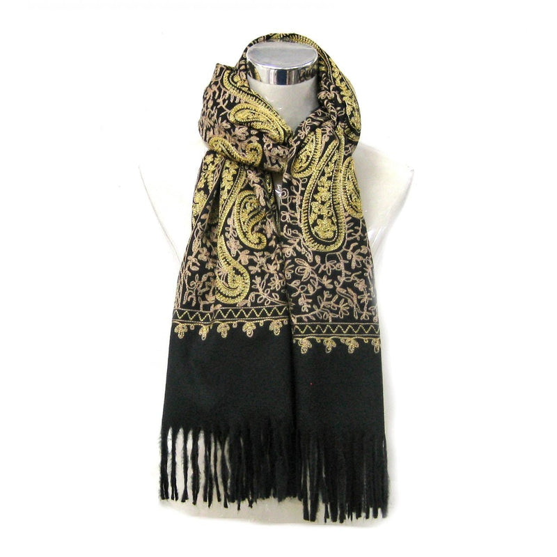 Cashmere Gold Embroidery Paisley Pattern Scarf - Black  | Putti Fine Fashions