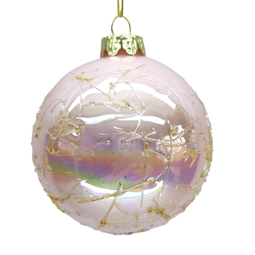 Iridescent Pink with Gold Crackle Glass Ball Ornament | Putti Christmas Decorations 