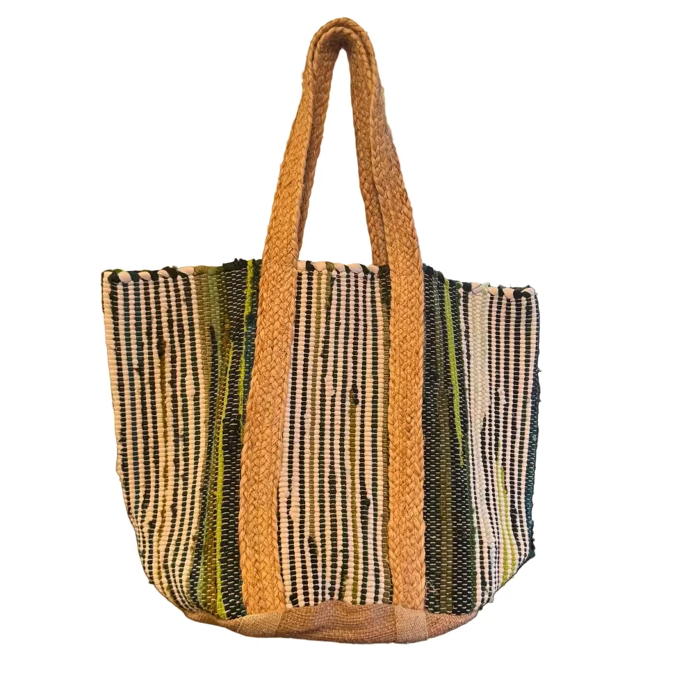 Jute Market Bag - Green and White Stripe | Putti Fine Fashions