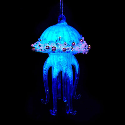 Kurt Adler Aqua Glow-In-The-Dark Glass Jellyfish Ornament  | Putti Christmas Canada