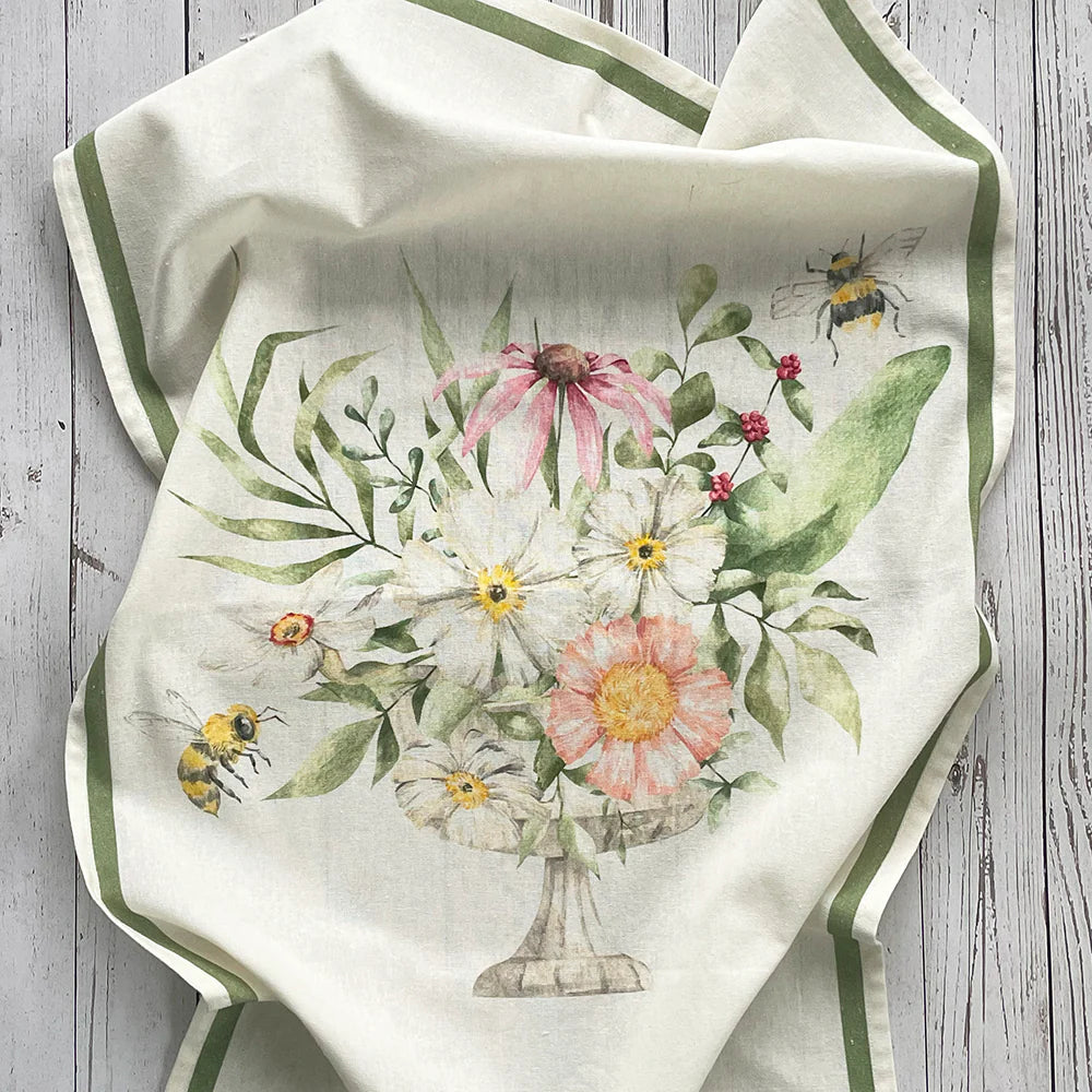 Vase of Flowers with Bee Flour Sack Kitchen Towel - Set of 2 | Putti Fine Furnishings 