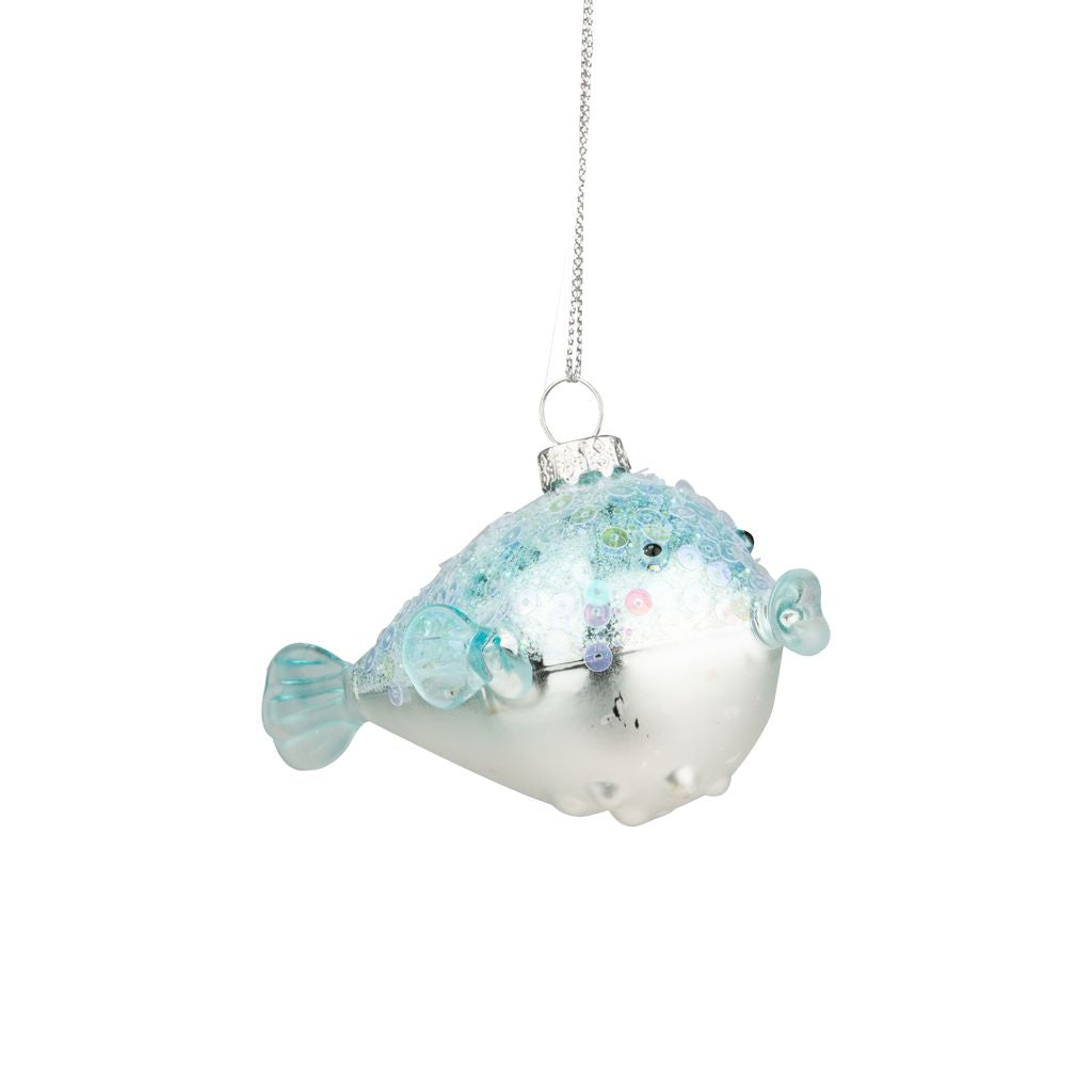 Marine Blue Blow Fish Glass Ornament | Putti Christmas Canada 
