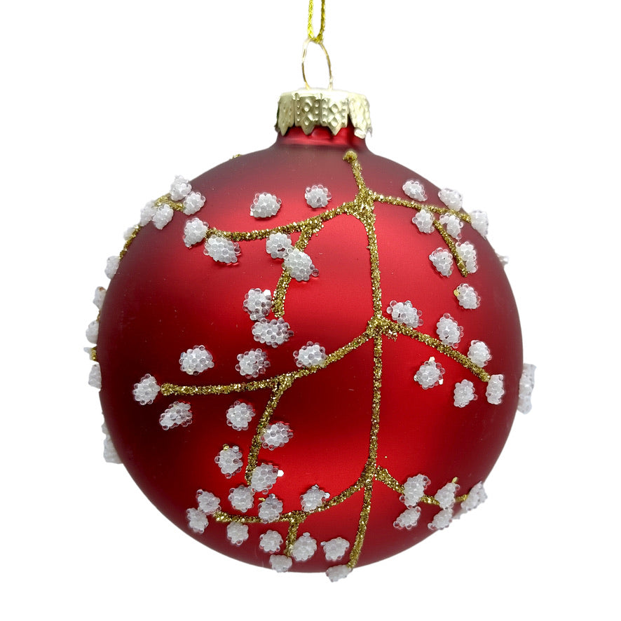 Matte Red with Gold Branches Glass Ball Ornament | Putti Christmas Decorations 
