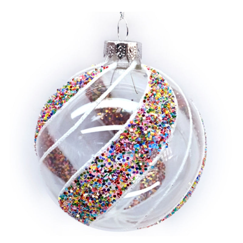 Clear with Rainbow Beaded Spiral Glass Ball Ornament