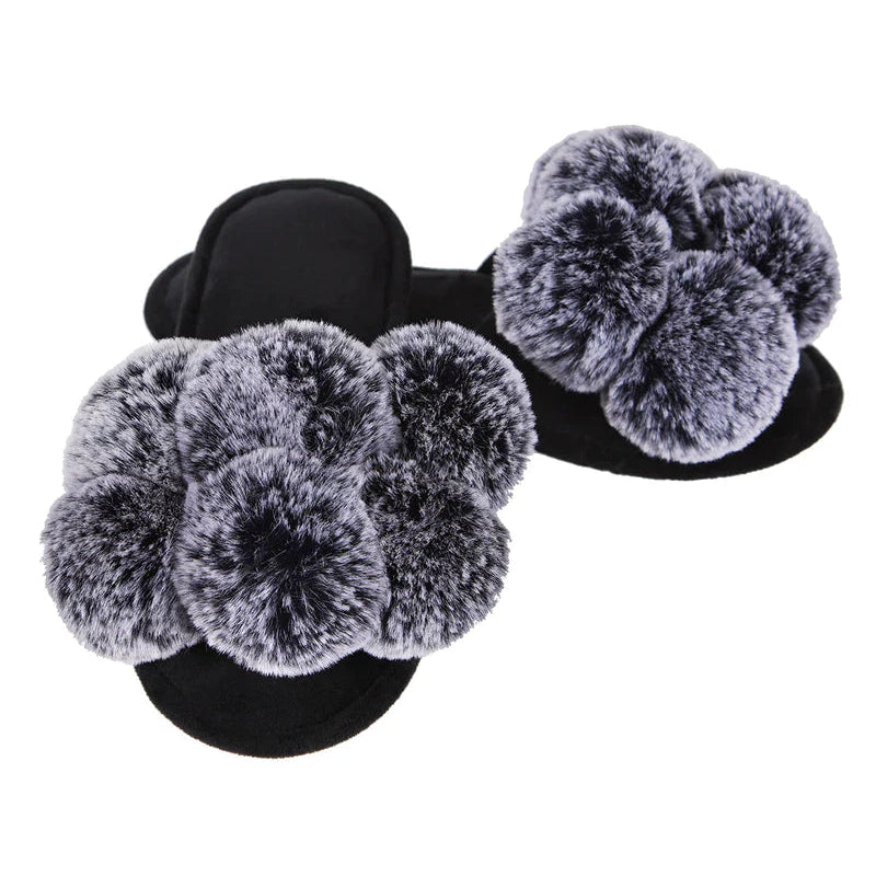 Pom Pom Slippers - Black