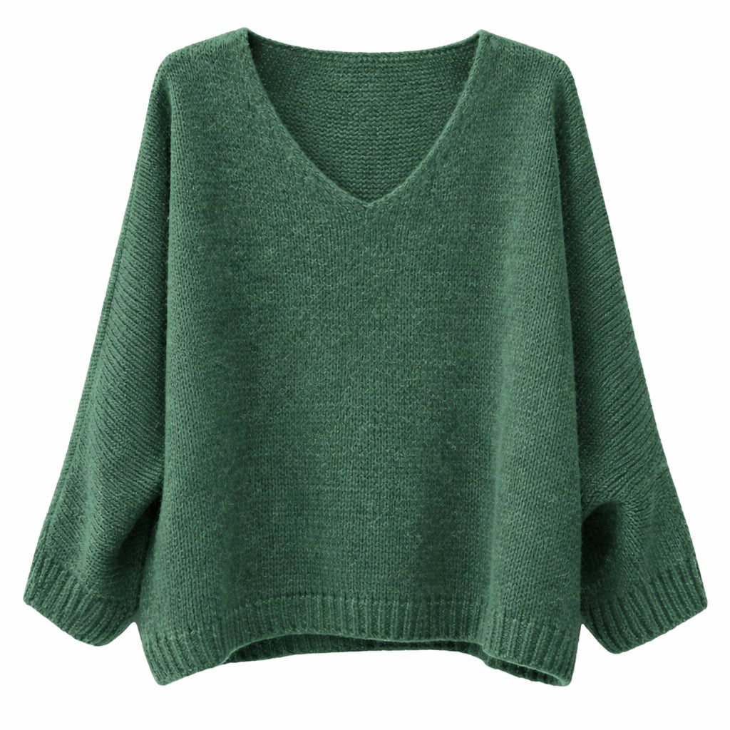 Mohair Blend V-Neck Sweater  - Forest Green | Putti Fine Fashions 