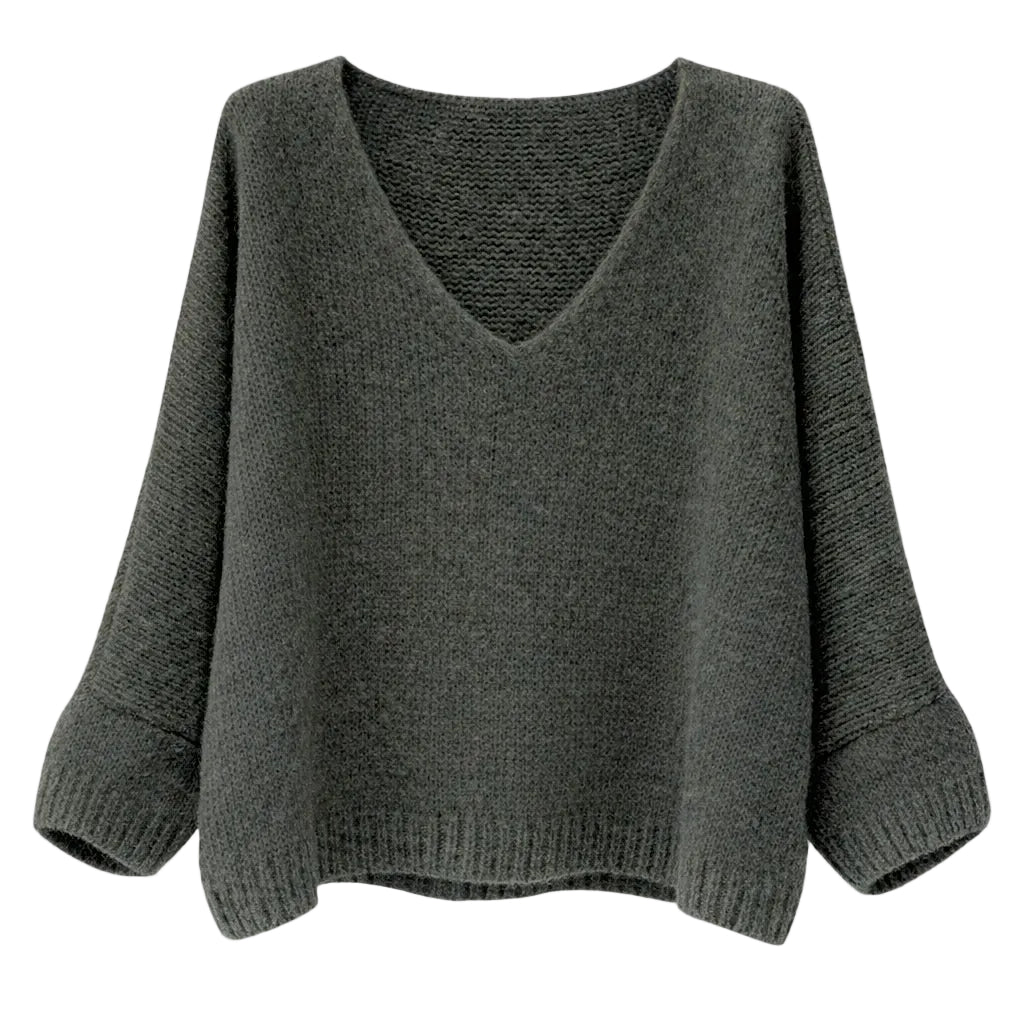 Mohair Blend V-Neck Sweater - Green Grey | Putti Fine Fashions 