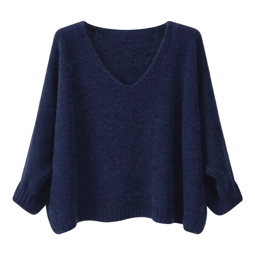 Mohair Blend V-Neck Sweater  - Navy | Putti Fine Fashions 