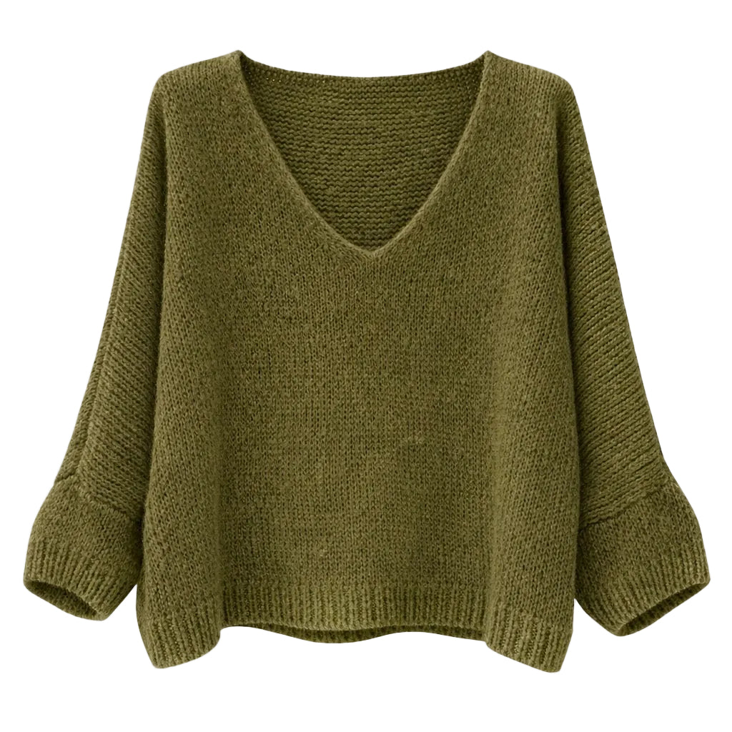 Mohair Blend V-Neck Sweater  - Olive Green | Putti Fine Fashions 