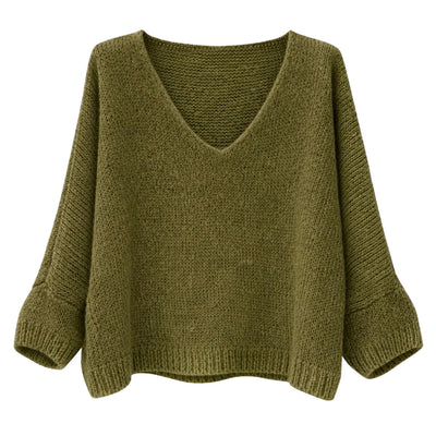 Mohair Blend V-Neck Sweater  - Olive Green | Putti Fine Fashions