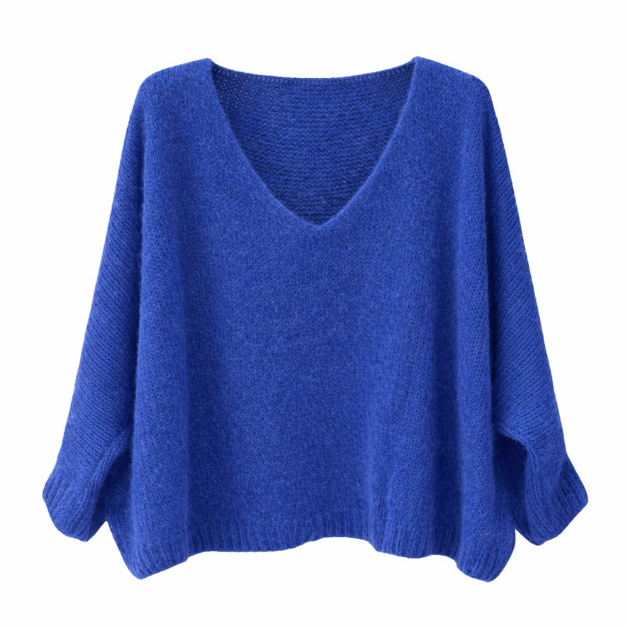 Mohair Blend V-Neck Sweater  - Royal  Blue | Putti Fine Fashions 
