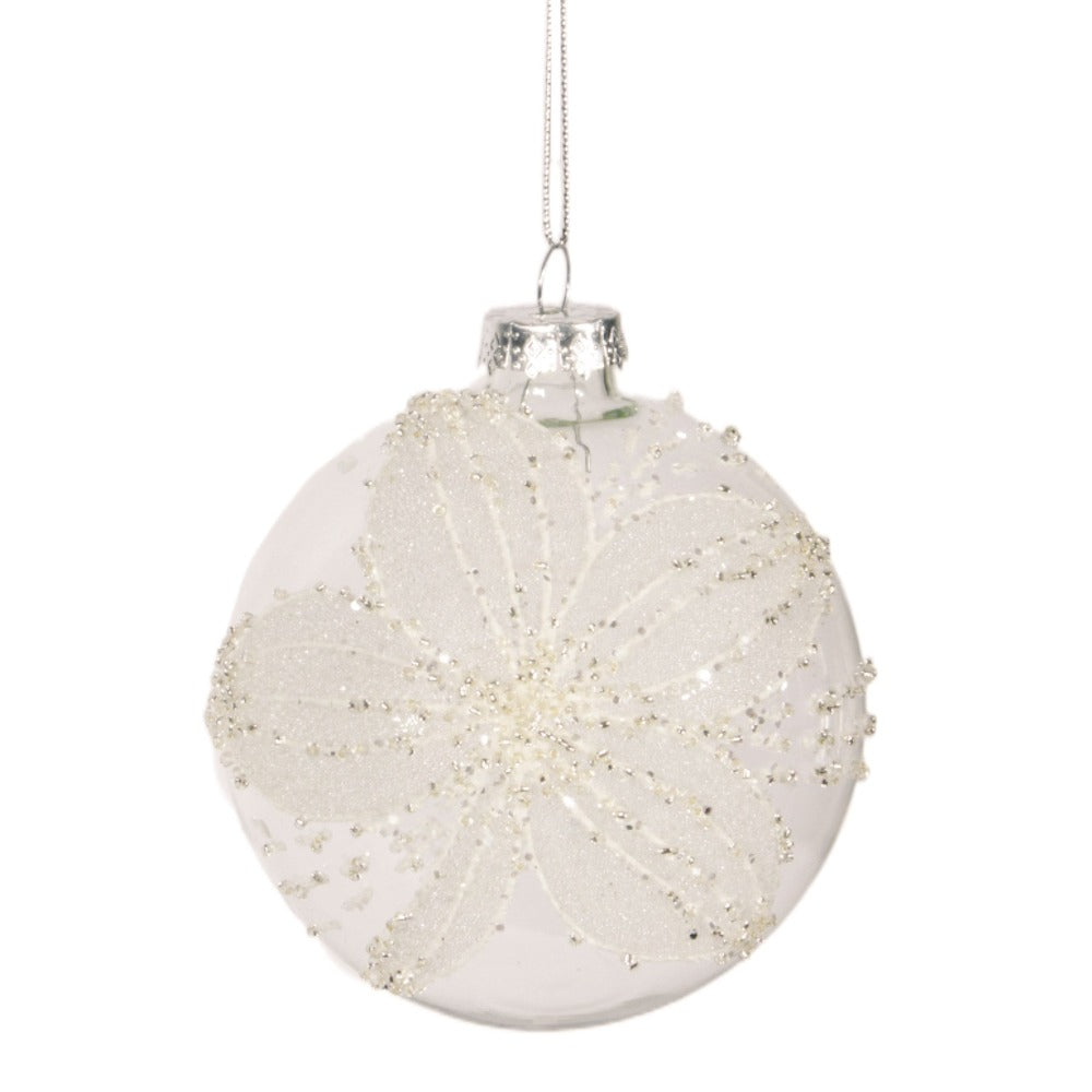 Clear With White Flower Glass Ball Ornament | Putti Christmas 