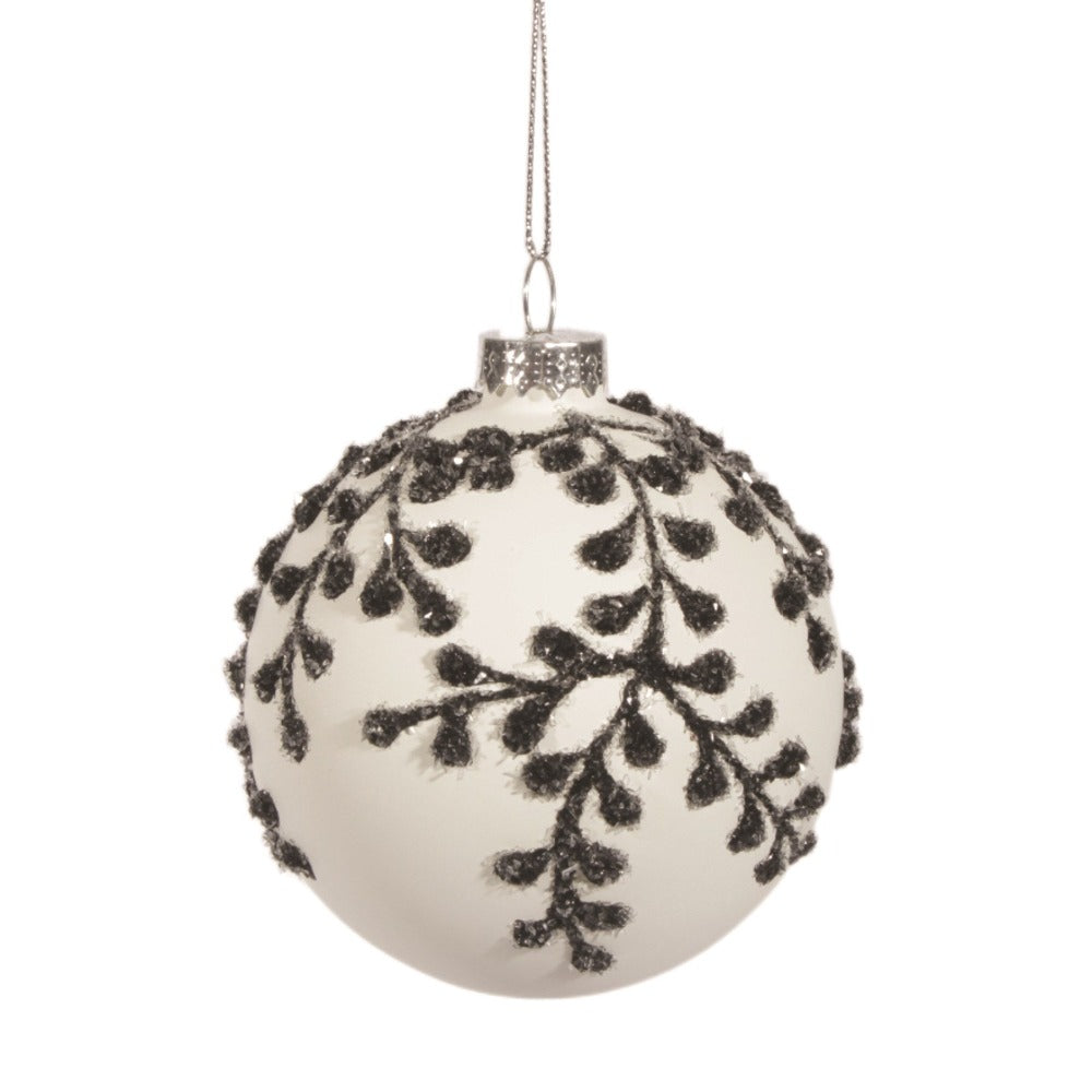 White with Black Glittered Vines Glass Ball Ornament | Putti Christmas 