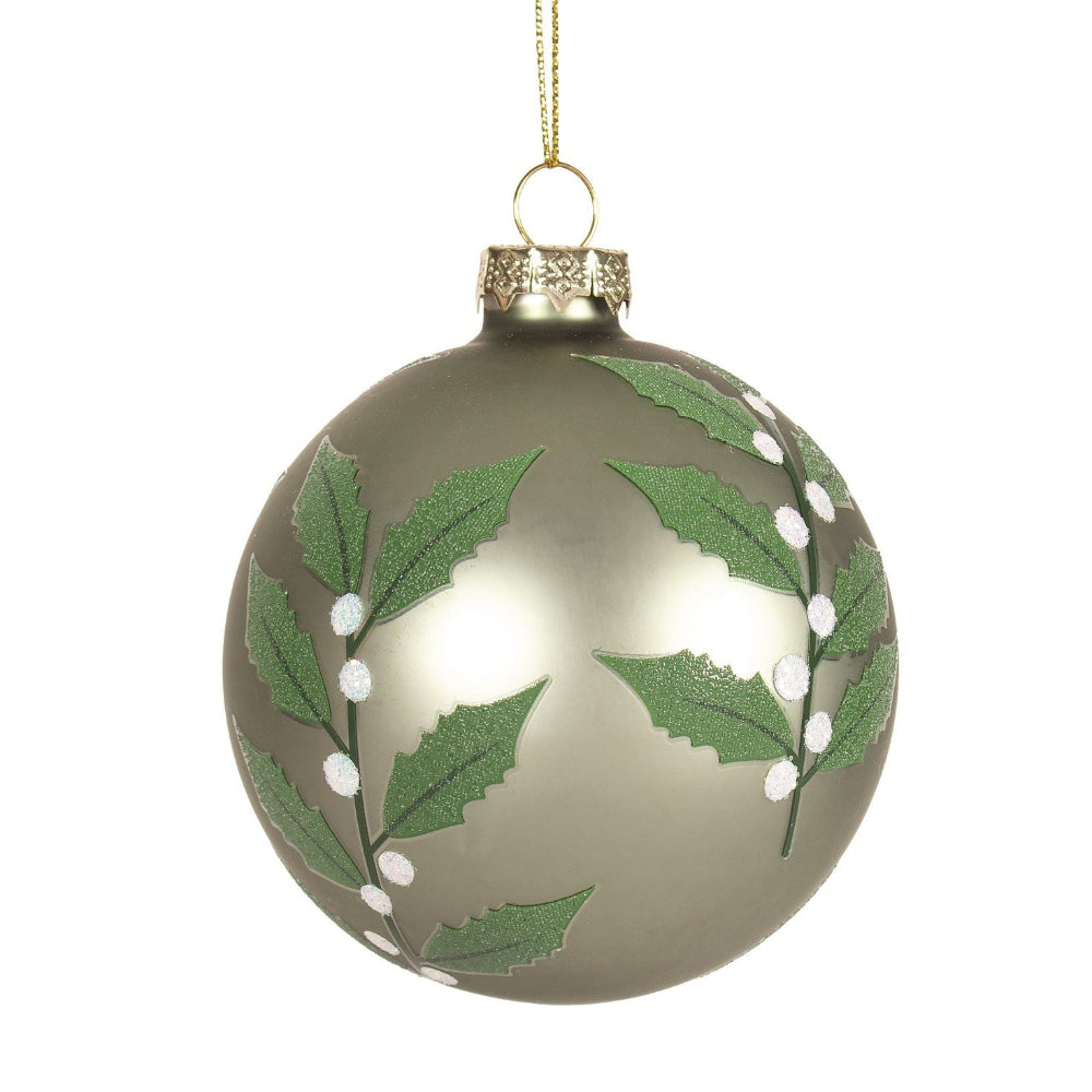 Matte Green with Green Leaves Glass Ball Ornament | Putti Christmas
