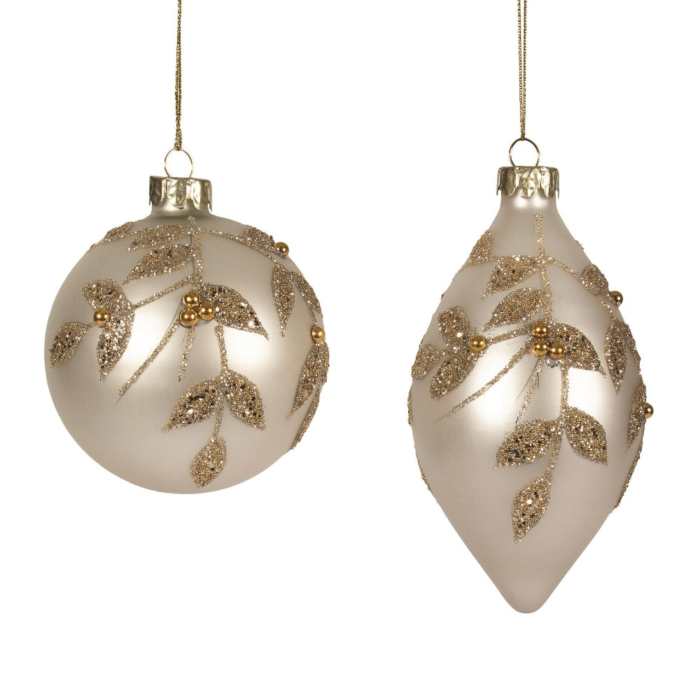 Matte White Ornament with Gold Leaves - Double Point | Putti Christmas