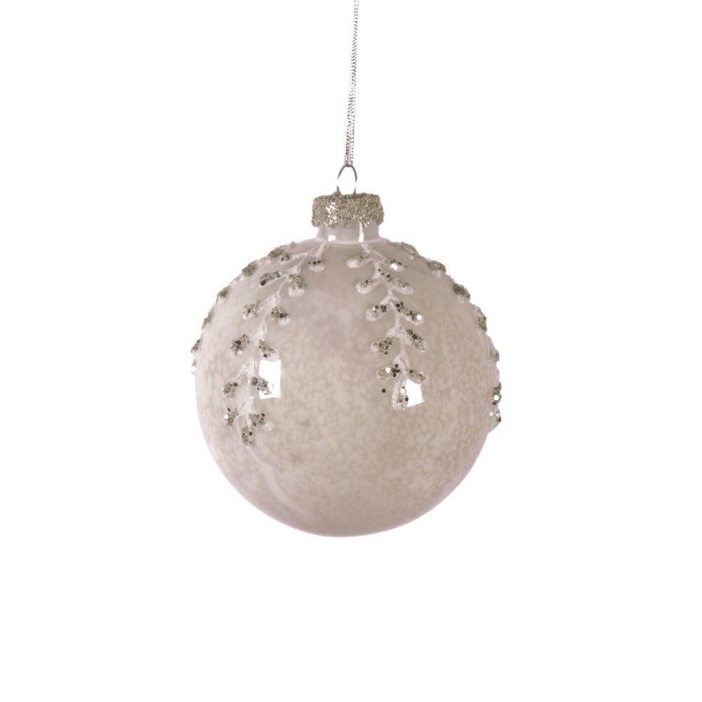 Grey with Silver Glitter Leaves Glass Ball Ornament