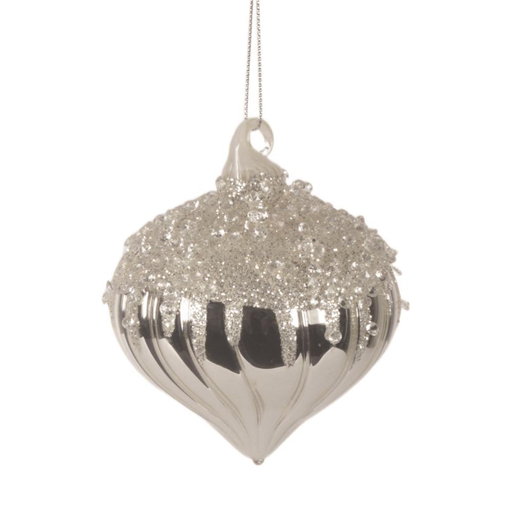 Handblown Silver Glass Onion with Clear Beads  | Putti Christmas Decorations 