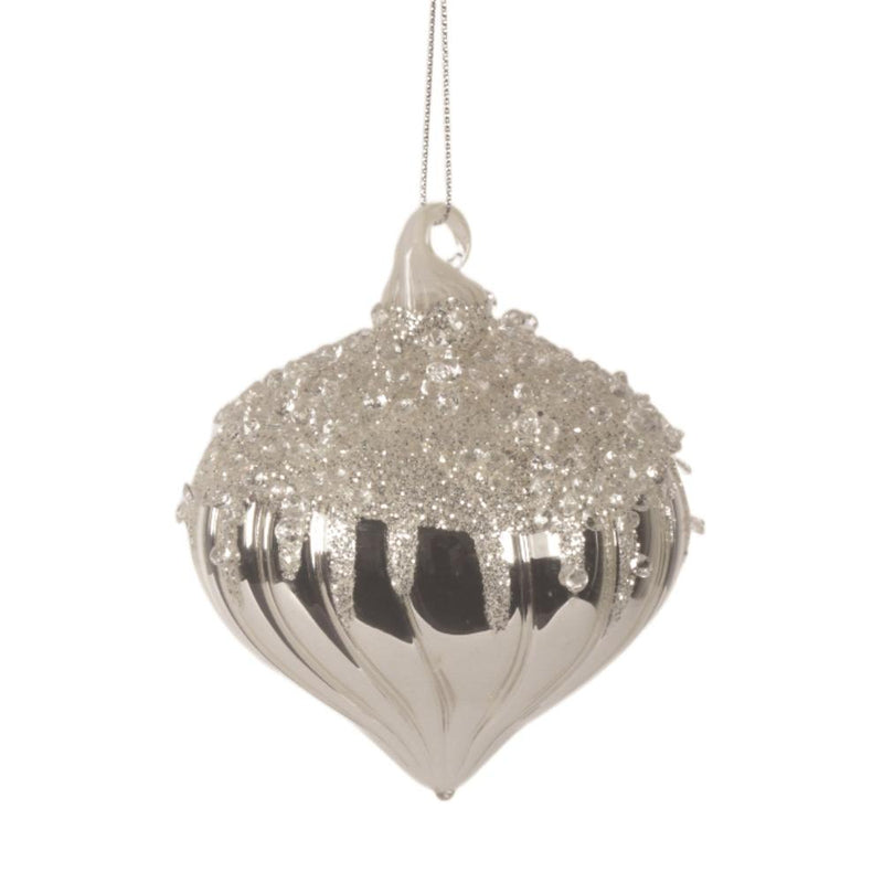 Handblown Silver Glass Onion with Clear Beads  | Putti Christmas Decorations 