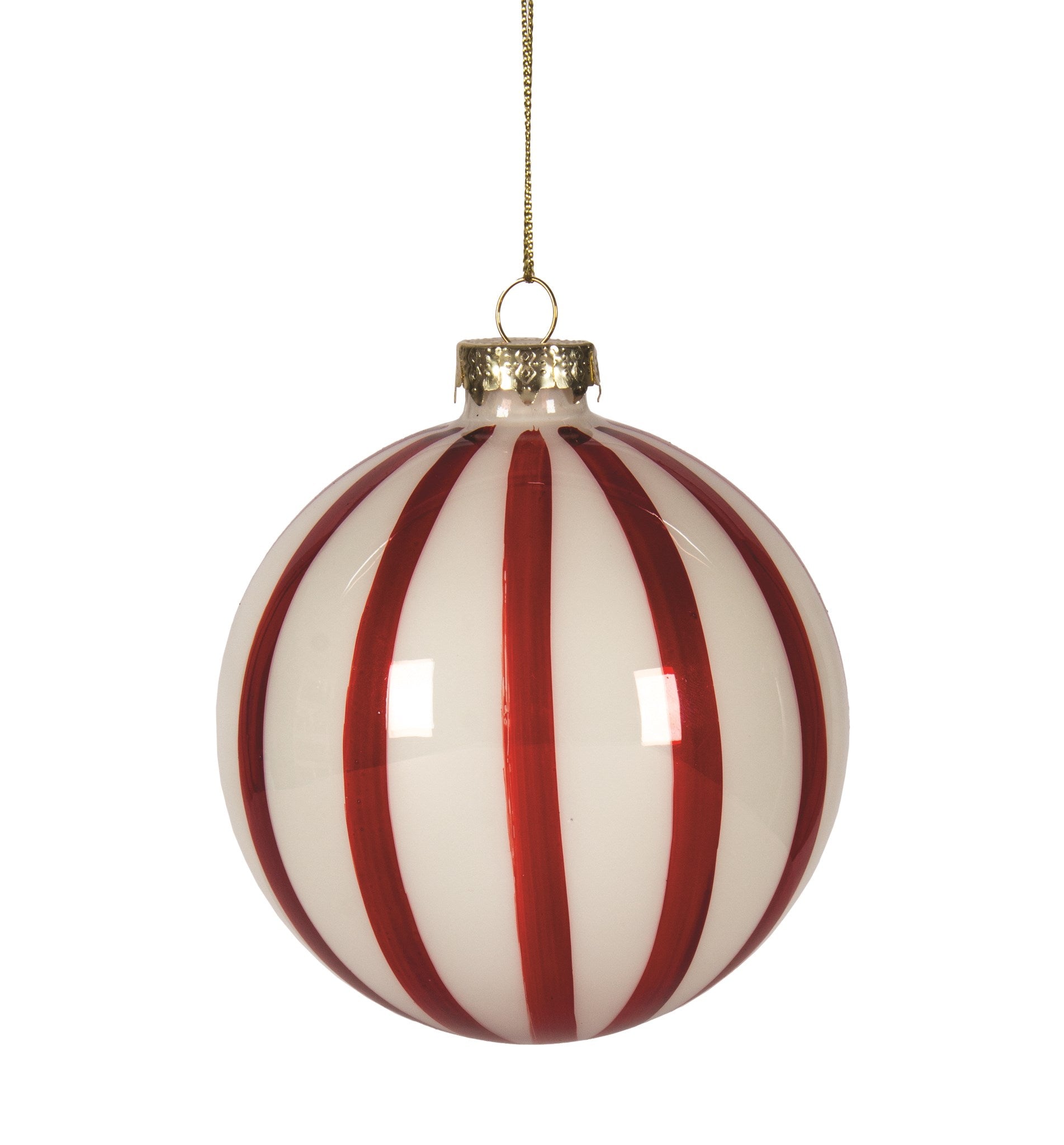 Red and White Glossy Stripe Glass Ball Ornament  | Putti Christmas Celebrations