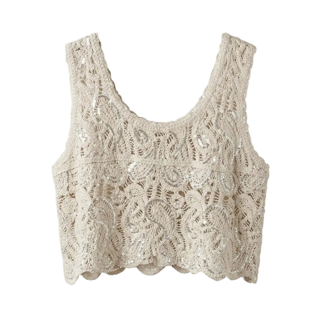 Natural with Silver Sequin Crochet Tank Top  | Putti Fine Fashions 
