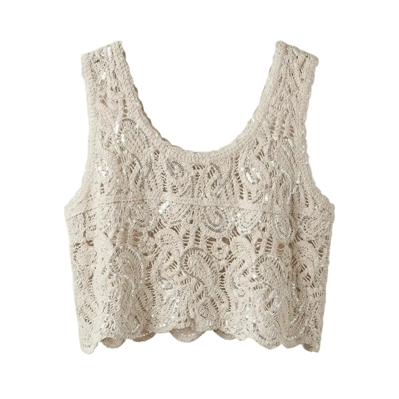 Natural with Silver Sequin Crochet Tank Top  | Putti Fine Fashions 
