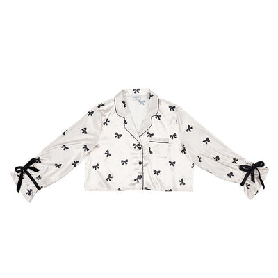 Ivory with Black Bows Cropped Satin PJ Set with Velvet Ties
