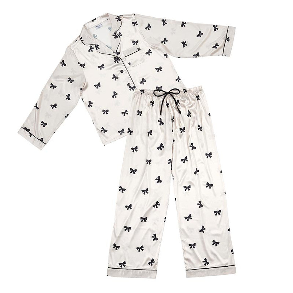 Bella Sleep & Spa Ivory with Black Bows Satin Pajamas | Putti Fine Fashions 
