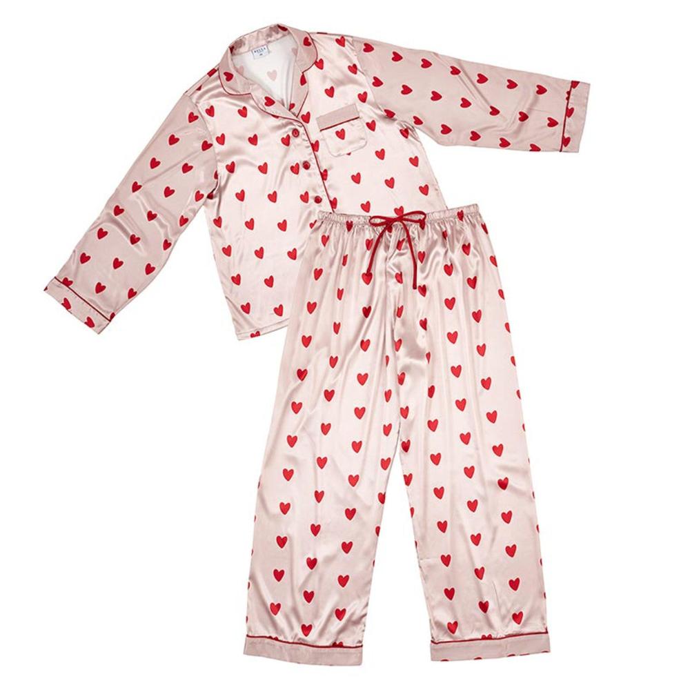 Pink with Red Hearts Satin Pajamas  | Putti Fine Fashions 