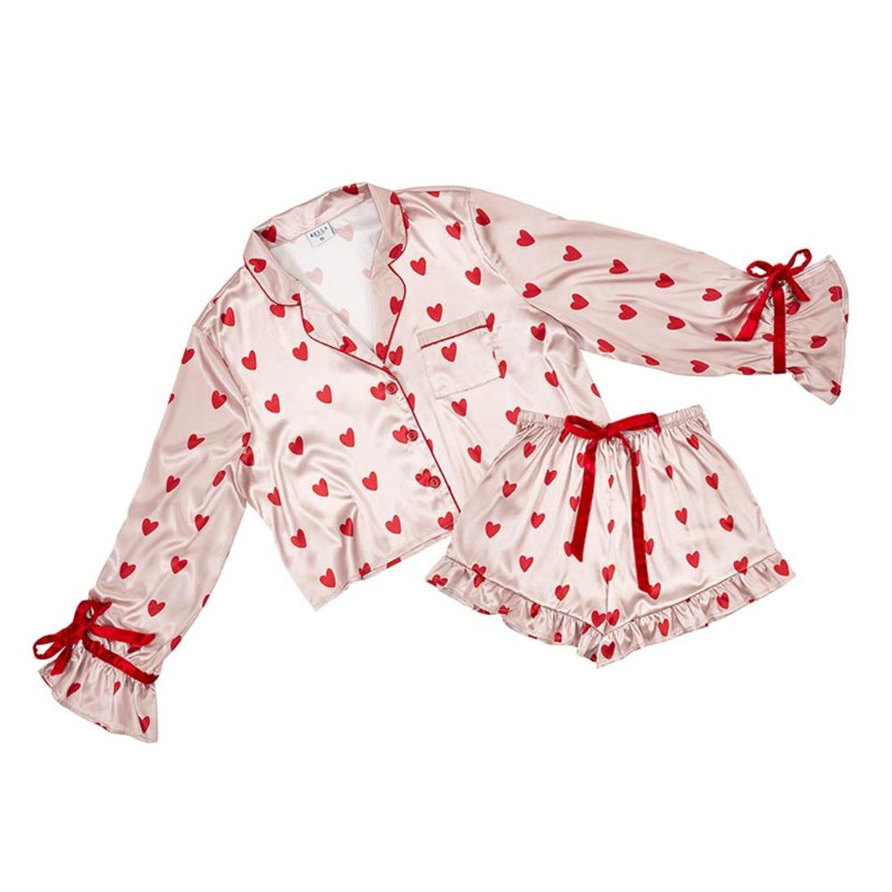 Pink with Red Hearts Cropped PJ Set with Velvet Ties  | Putti Fine Fashions 