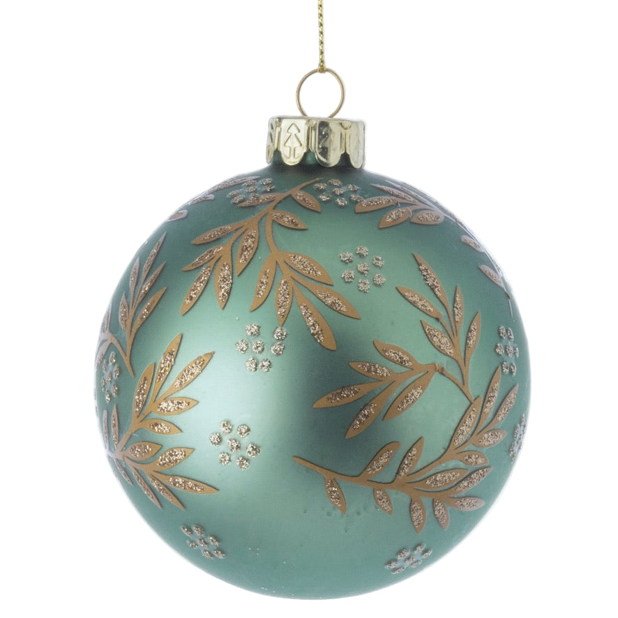 Pale Green Glass Ball Ornament with Gold Branches | Putti Christmas 