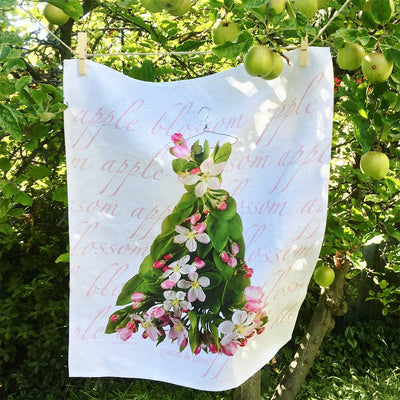 Petal & Pins Linen Tea Towel Apple Blossom Design | Putti Fine Furnishings