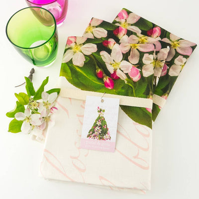 Petal & Pins Linen Tea Towel Apple Blossom Design | Putti Fine Furnishings