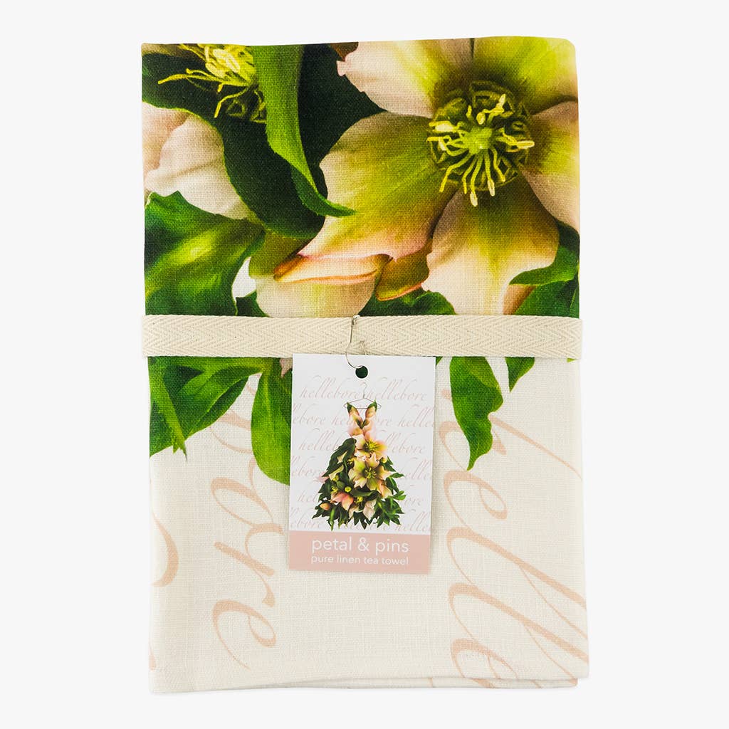 Petal & Pins Linen Tea Towel Hellebore Romance Design | Putti Fine Furnishings