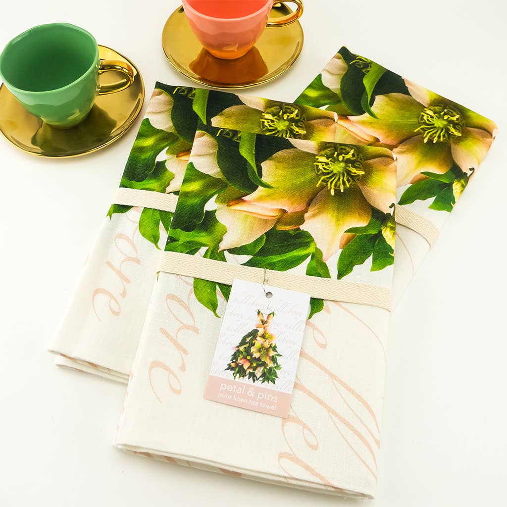 Petal & Pins Linen Tea Towel Hellebore Romance Design | Putti Fine Furnishings