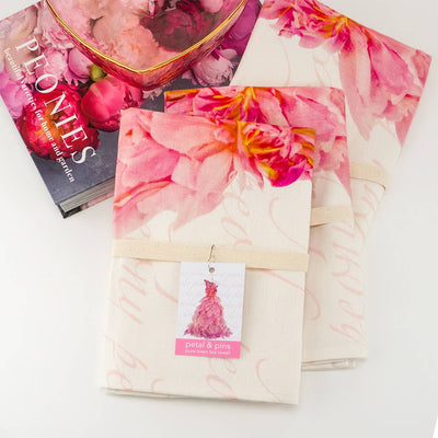 Petal & Pins Linen Tea Towel Pink Peony Design | Putti Fine Furnishings