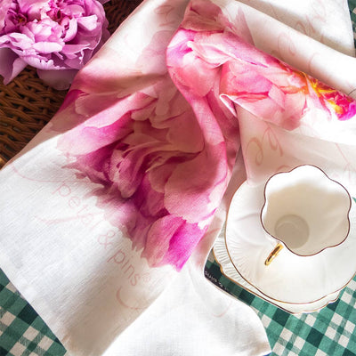 Petal & Pins Linen Tea Towel Pink Peony Design | Putti Fine Furnishings