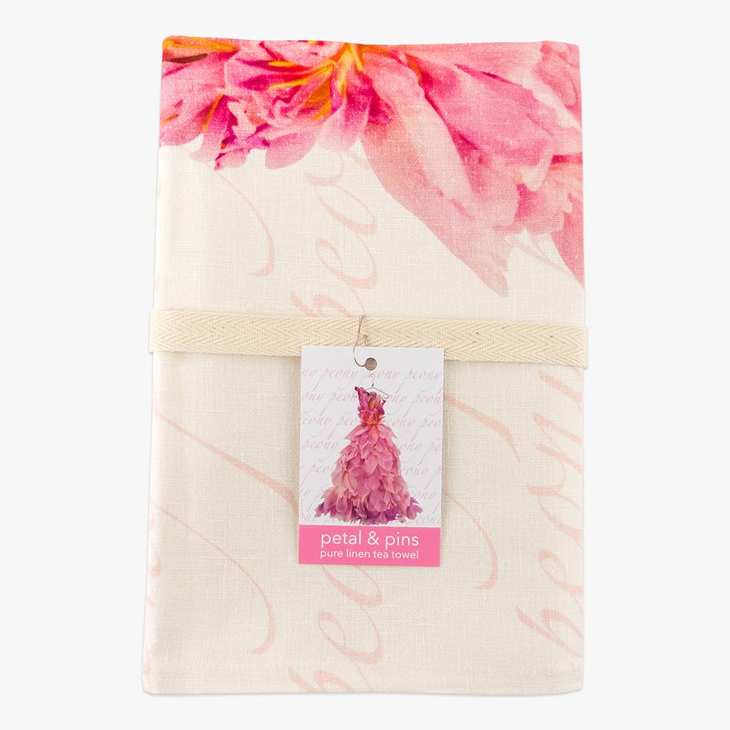 Petal & Pins Linen Tea Towel Pink Peony Design | Putti Fine Furnishings