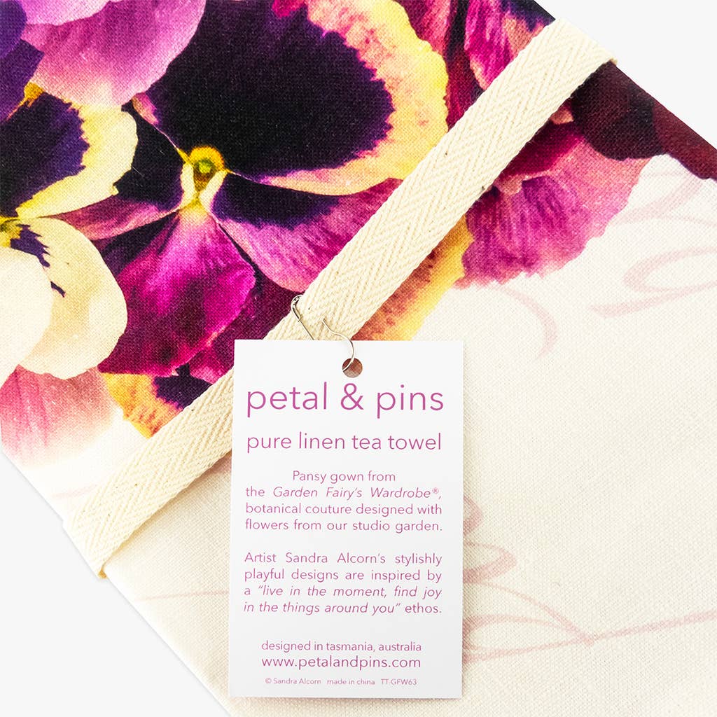 Petal & Pins Linen Tea Towel Pink & Purple Pansy Design | Putti Fine Furnishings