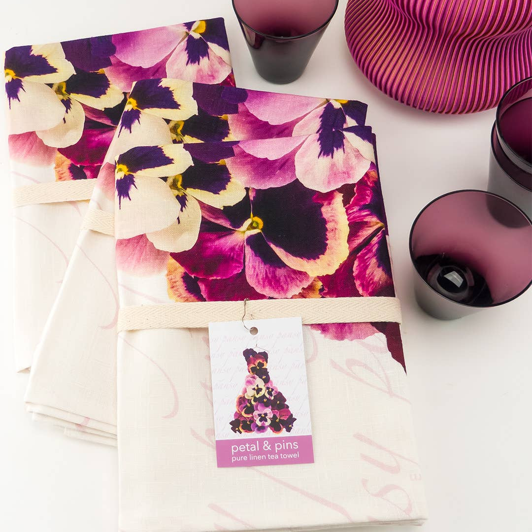 Petal & Pins Linen Tea Towel Pink & Purple Pansy Design | Putti Fine Furnishings