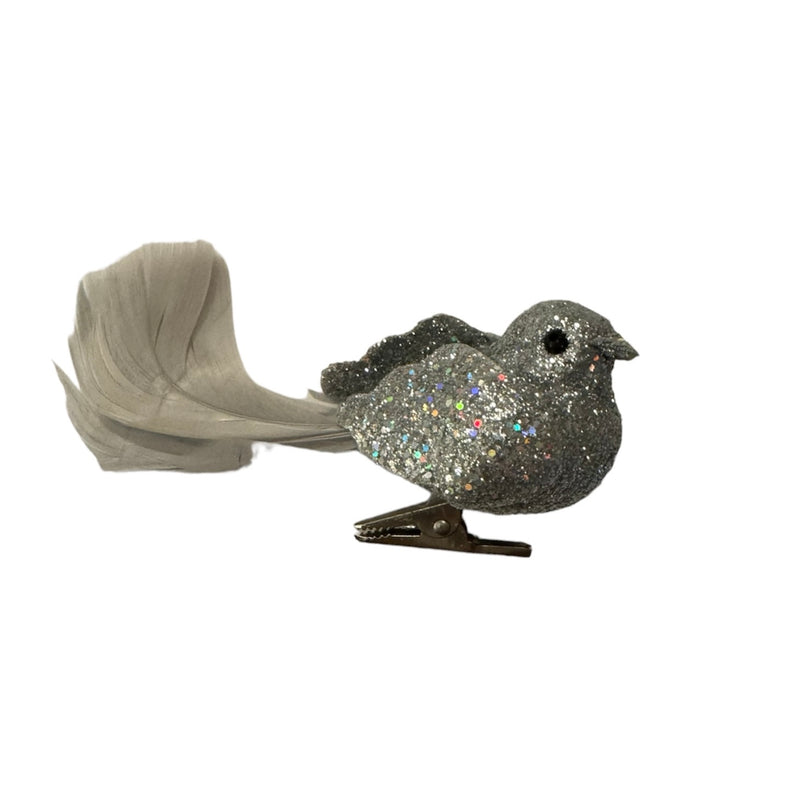 Silver and White glitter bird with white Feather Tail