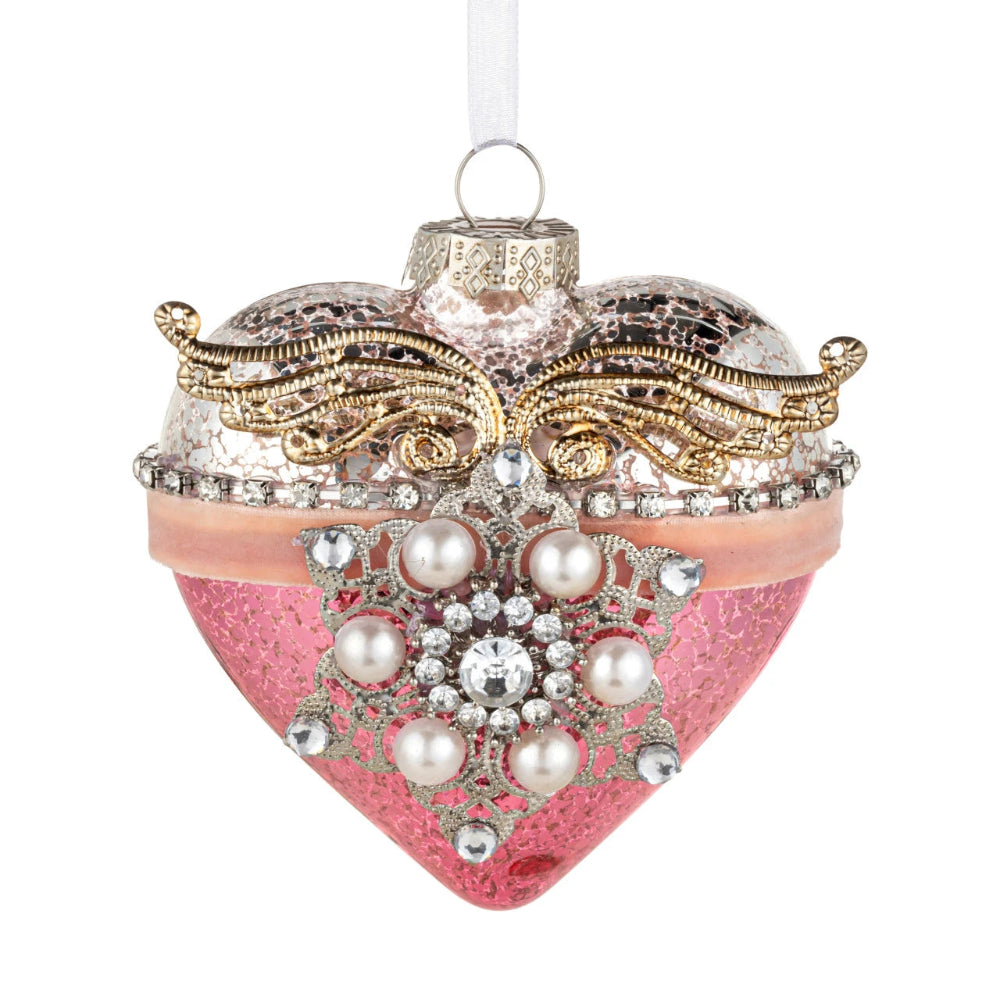 Pink Heart with Wings Glass Ornament | Putti Christmas Decorations 