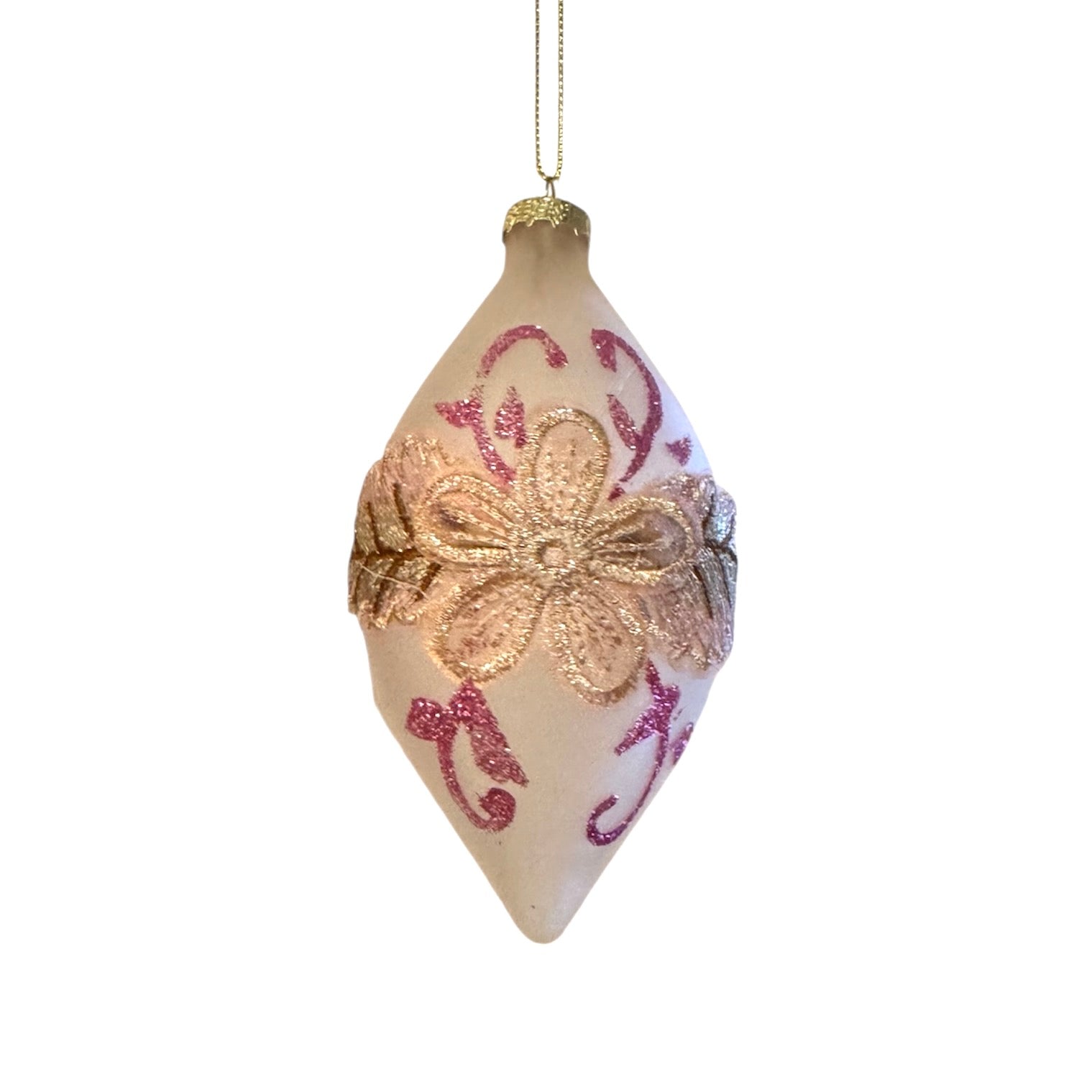 Pink with Floral Embroidery Glass Double Point Ornament | Putti Christmas 