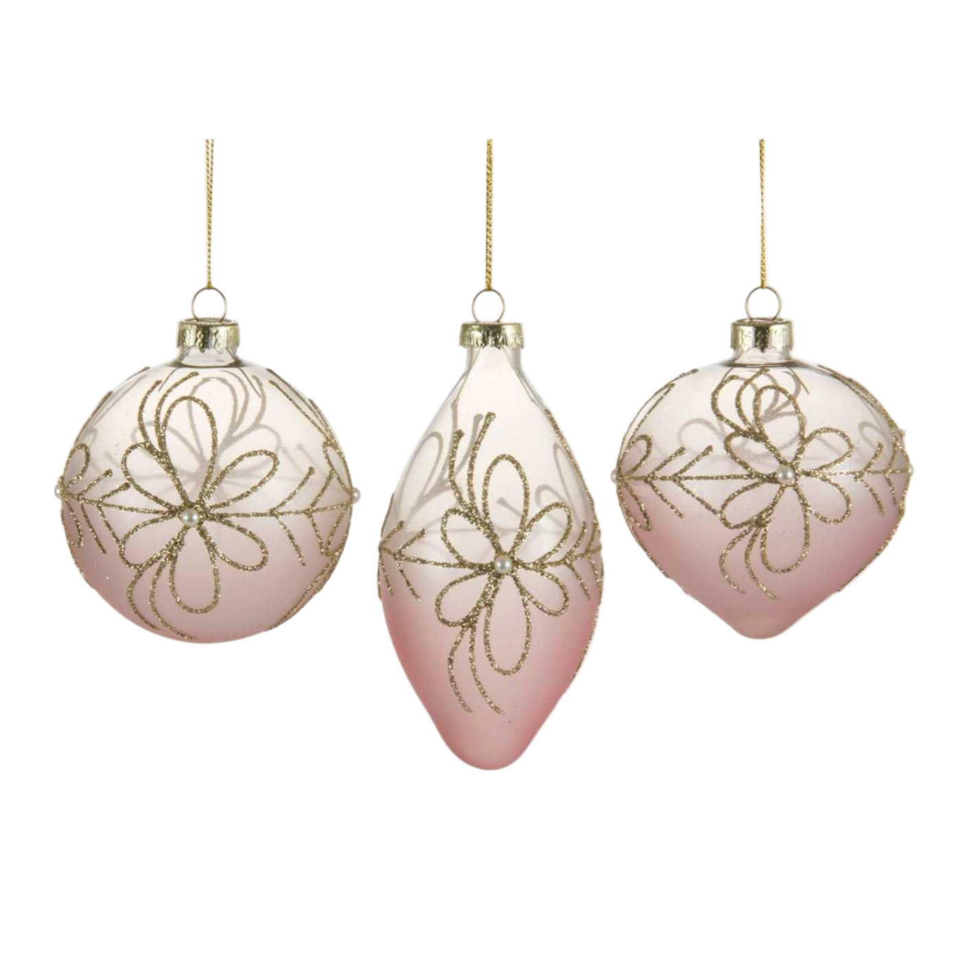 Pink with Glitter Flower Glass Christmas Ornament | Putti Christmas 