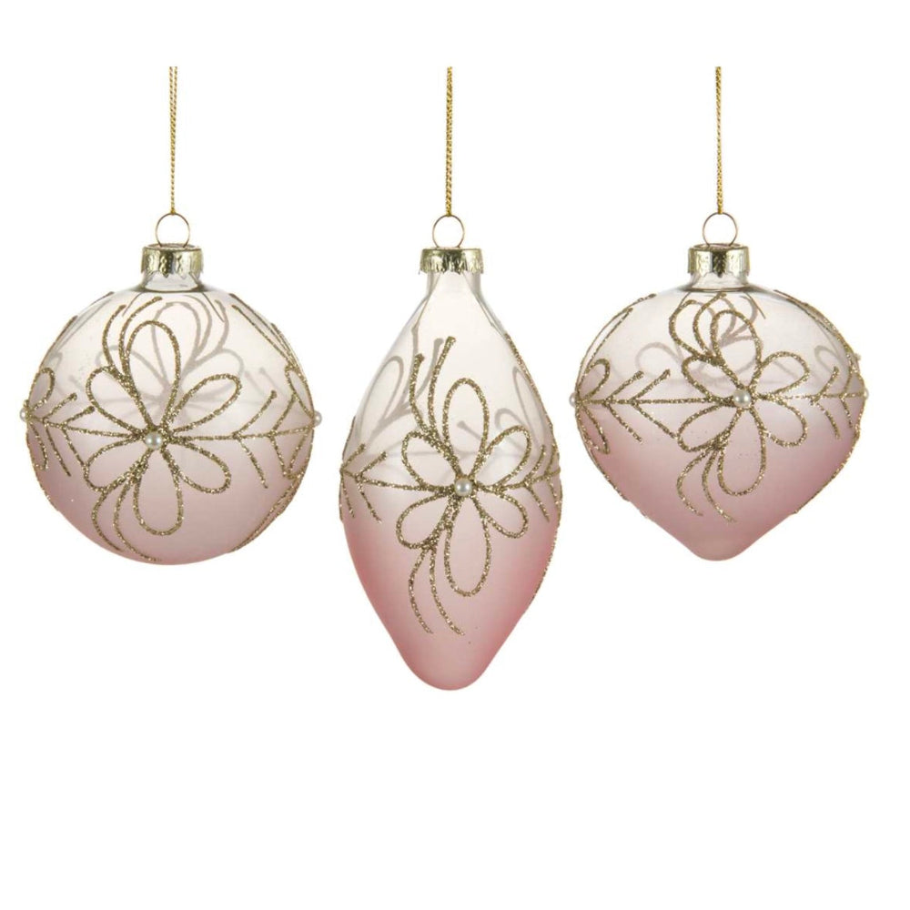 Pink with Glitter Glowers Glass Ornament | Putti Christmas Decorations 