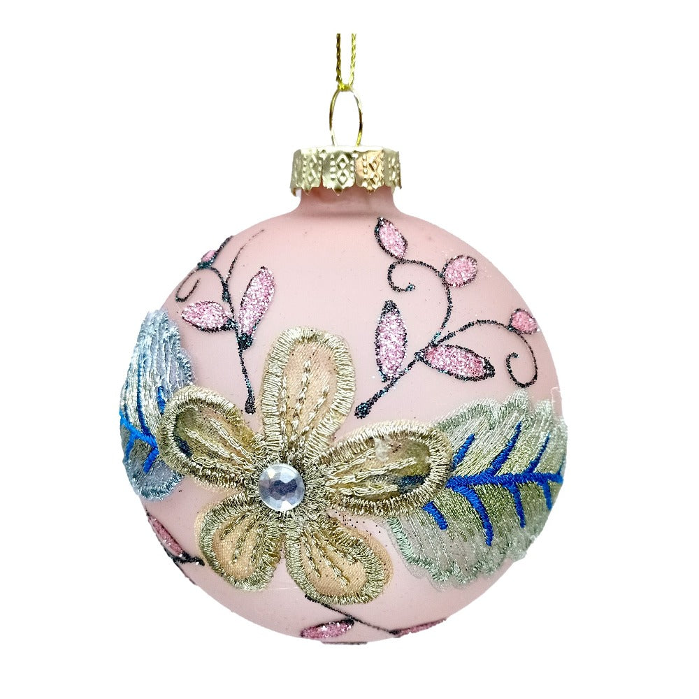 Matte Pink with Floral Embroidery Glass Ball Ornament