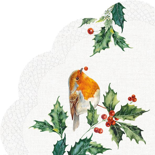 Holly with Robin Round Paper Napkin - Lunch  | Putti Christmas Party Supplies