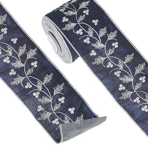 Blue with Silver Holly and Berry Wired Ribbon