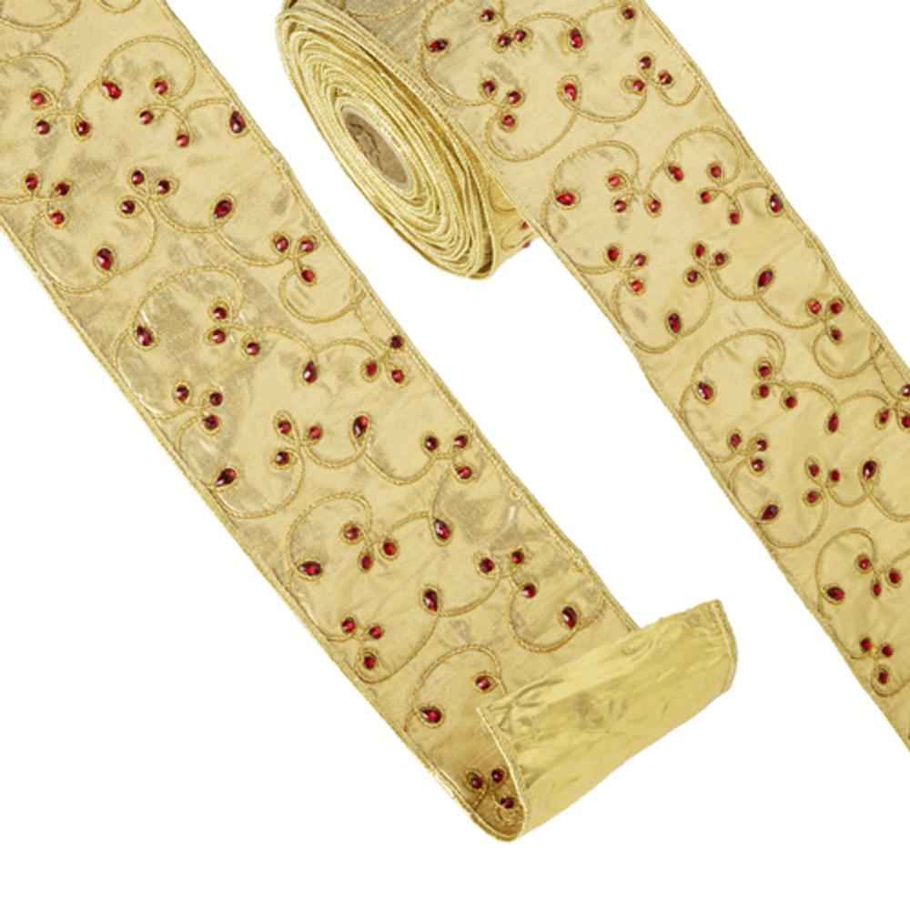 Gold with Red Jewels Wired Ribbon | Putti Christmas Canada 