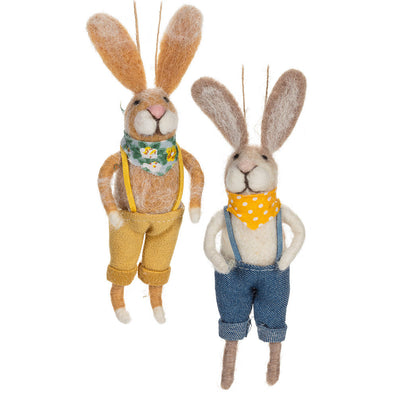 Rabbits in Overalls Felt Ornaments | Putti Fine Furnishings