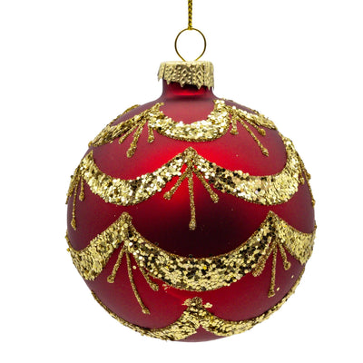 Red with Gold Glitter Swag Glass Ball Ornament | Putti Christmas Decorations